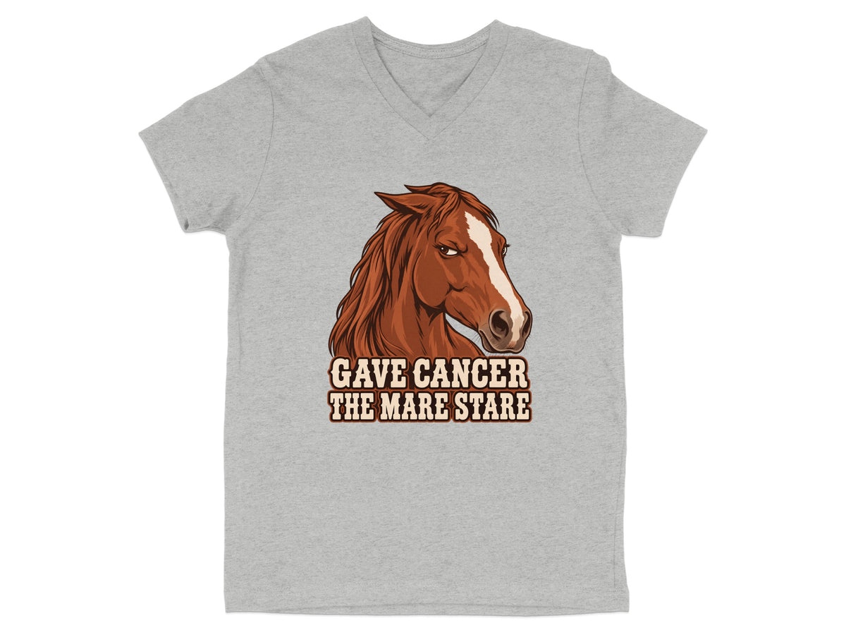 Grey v-neck t-shirt with a brown horse head graphic and text.