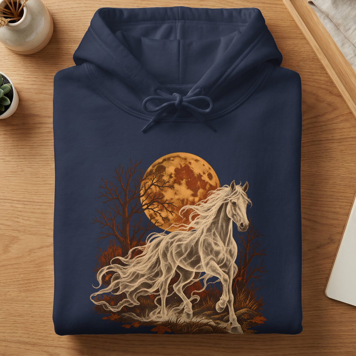 Dark navy hoodie with a graphic of a ghostly horse in front of a full moon.