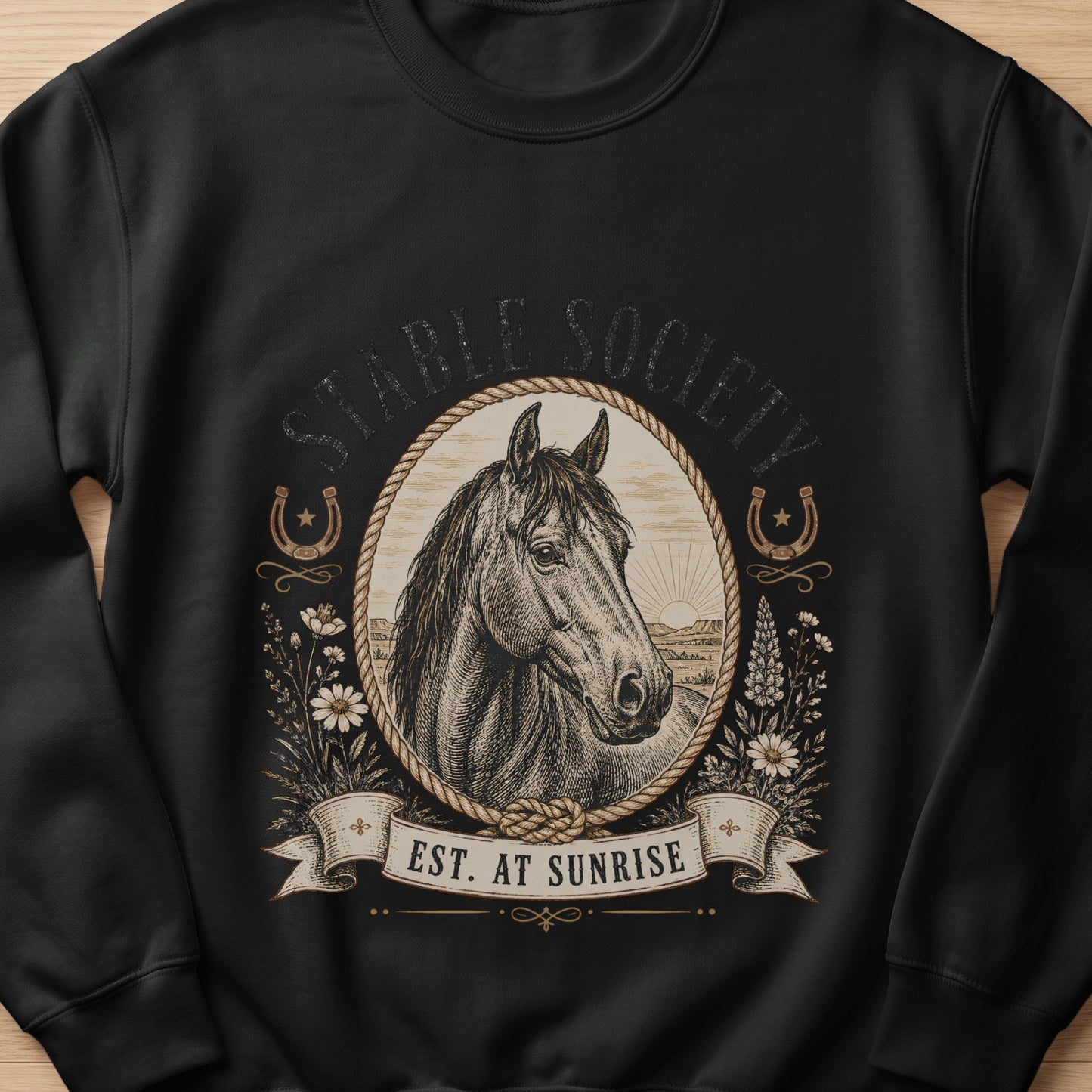 Black sweatshirt with vintage horse head emblem and text "EST. AT SUNRISE".