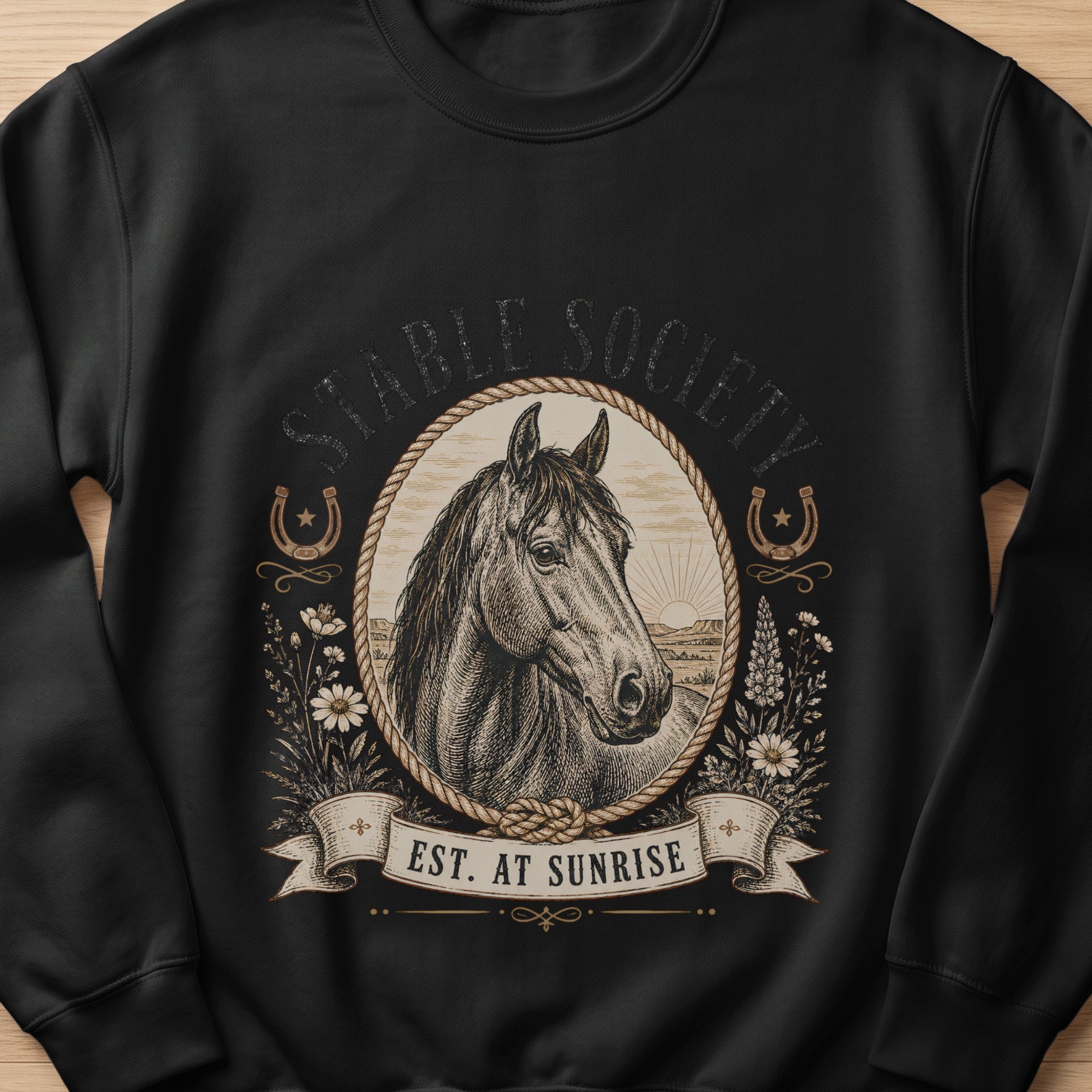 Black sweatshirt with vintage horse head emblem and text "EST. AT SUNRISE".