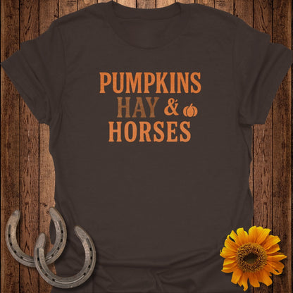 Brown t-shirt with "PUMPKINS HAY & HORSES" text, horseshoes, and sunflower.