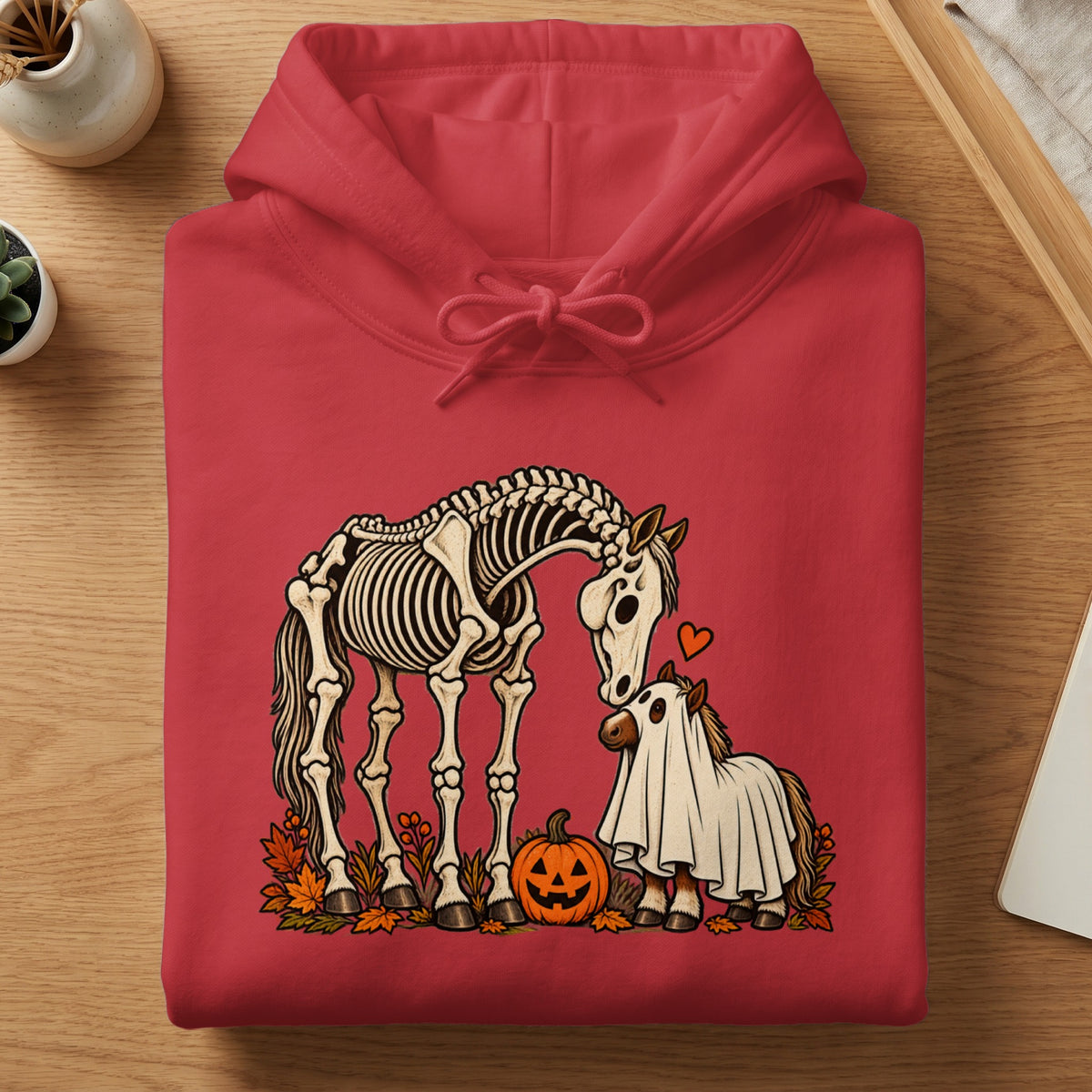 Skeleton horse and ghost horse with pumpkin and autumn leaves graphic.