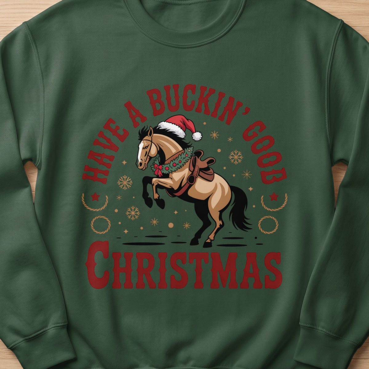 Bucking horse in Santa hat with "Have a Buckin' Good Christmas" text.