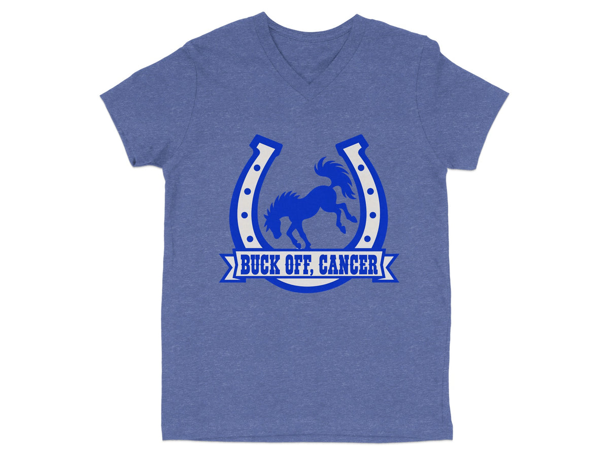 Blue t-shirt with a horseshoe and bucking horse graphic, text reads "Buck Off, Cancer".