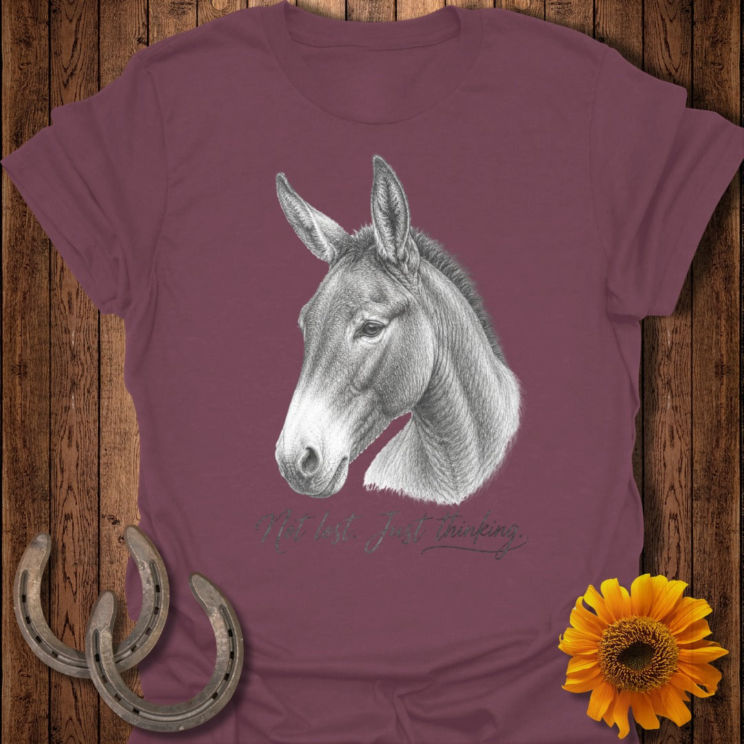T-shirt with donkey portrait and text "Not lost. Just thinking."