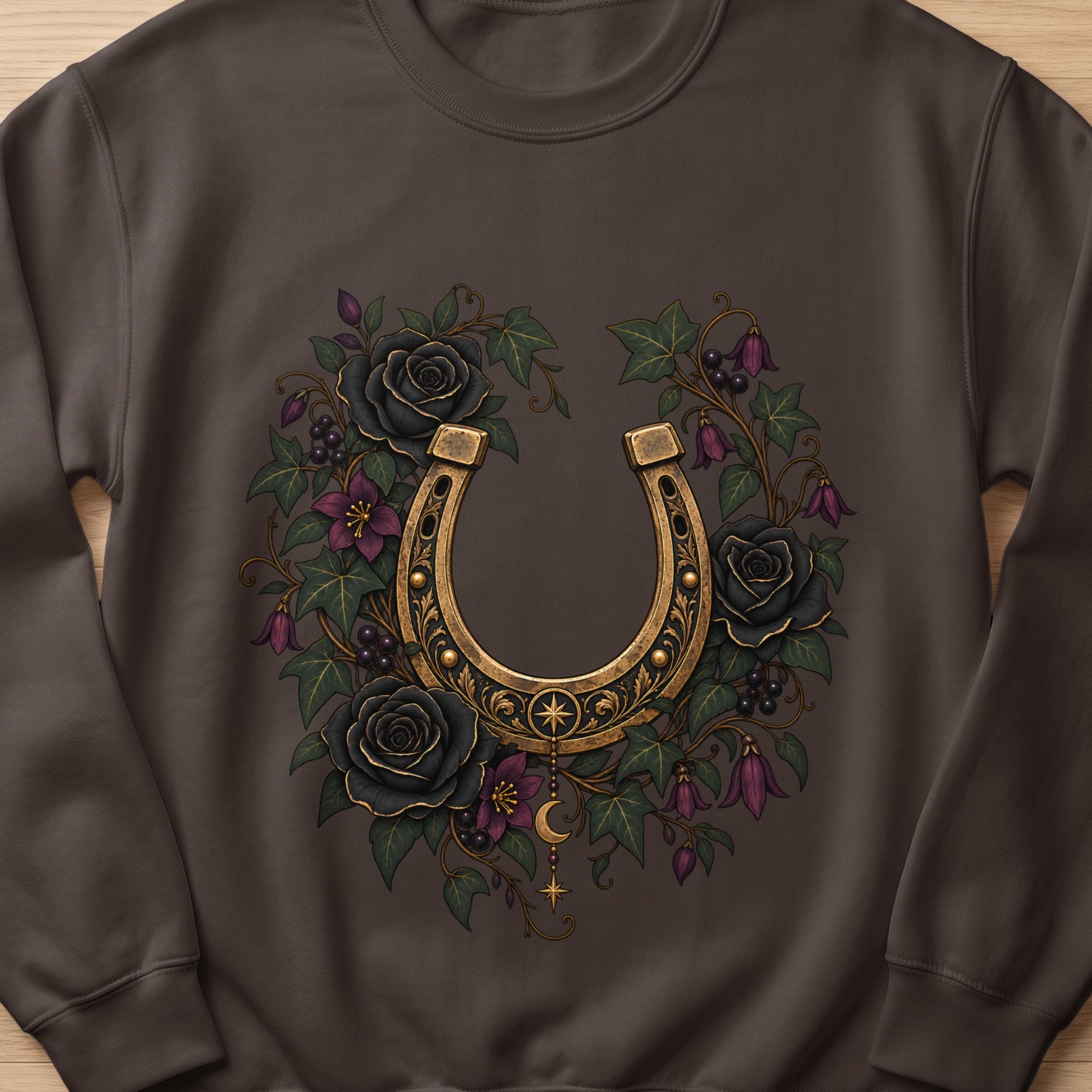 Gold horseshoe with black roses and ivy design on a brown sweatshirt.