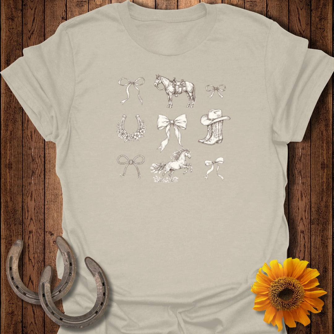 T-shirt with sketched horses, boots, and bows.