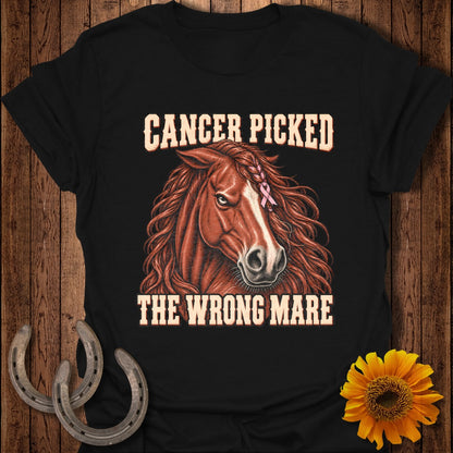 Black t-shirt with a brown horse graphic and text that reads "Cancer picked the wrong mare".