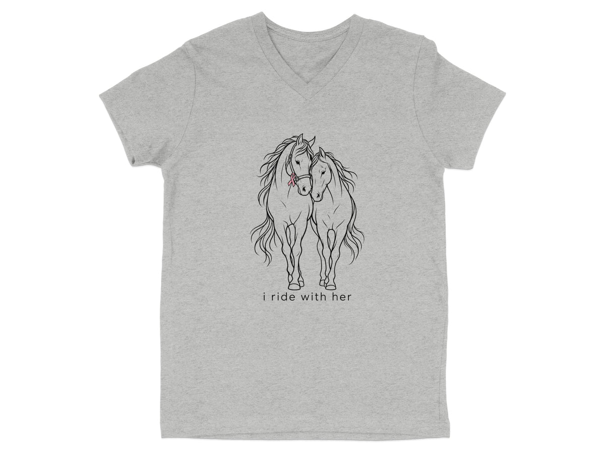 Grey v-neck t-shirt with line art of two horses and the text "i ride with her."