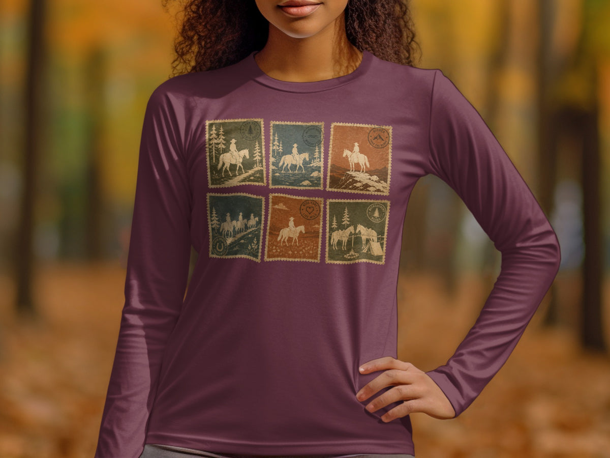 Long-sleeve shirt with six vintage stamp designs of cowboys and horses.