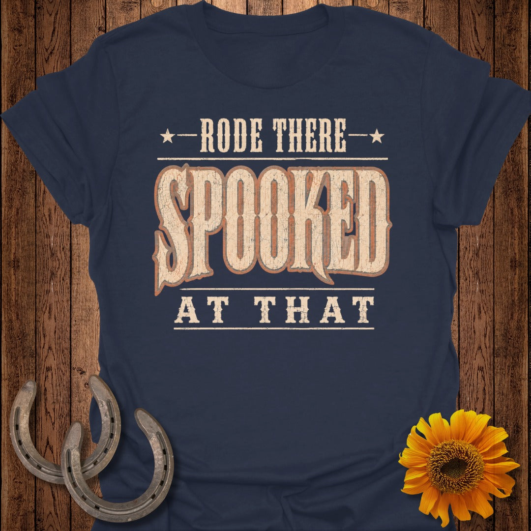 Navy t-shirt with distressed text: "RODE THERE- SPOOKED AT THAT."