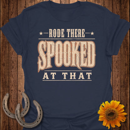 Navy t-shirt with distressed text: "RODE THERE- SPOOKED AT THAT."