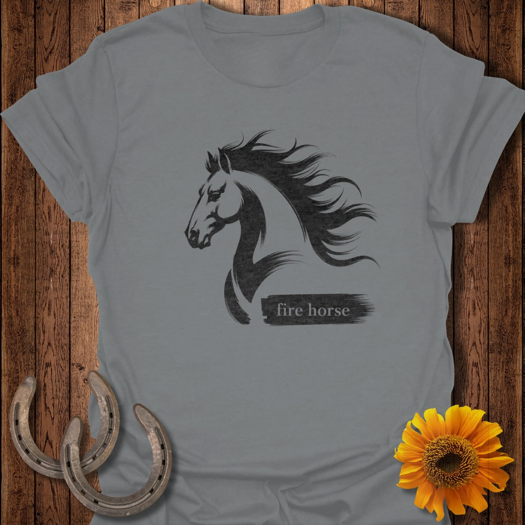 Grey t-shirt with black fire horse graphic and "fire horse" text.