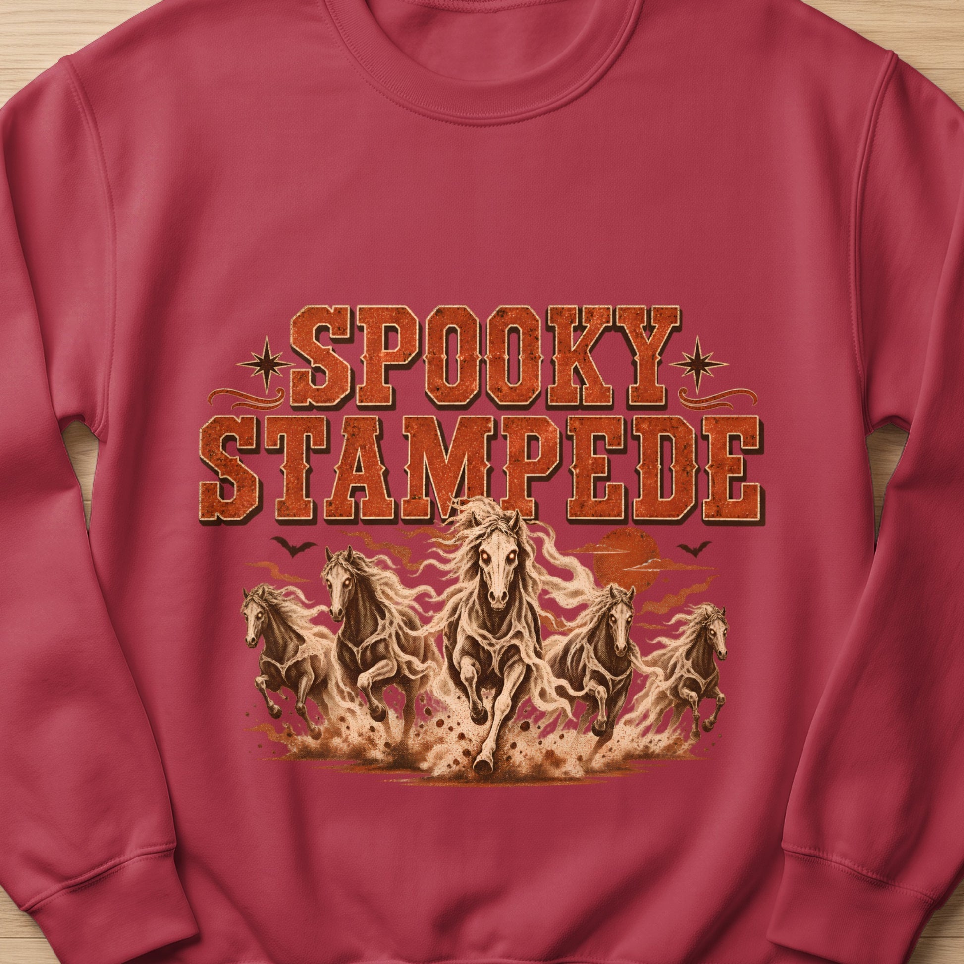 Crewneck sweatshirt with "SPOOKY STAMPEDE" text and galloping horses illustration.