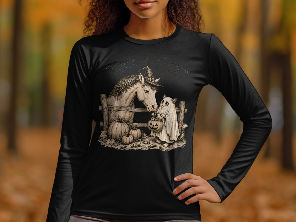 Black long-sleeve shirt with Halloween graphic of horse and cat trick-or-treating.