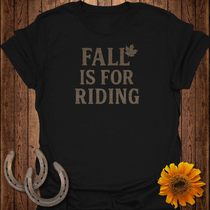Black t-shirt with "FALL IS FOR RIDING" text, maple leaf, horseshoes, and sunflower.