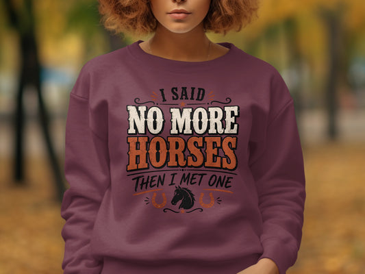 Maroon sweatshirt with "I said no more horses then I met one" graphic.