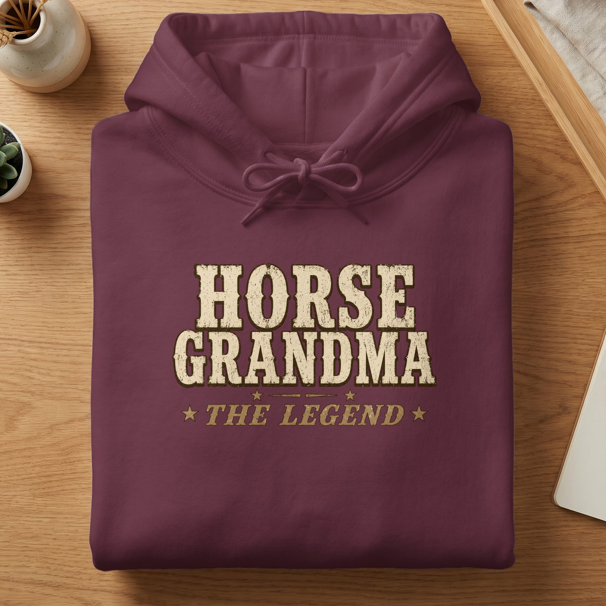 Maroon hoodie with "HORSE GRANDMA THE LEGEND" text.