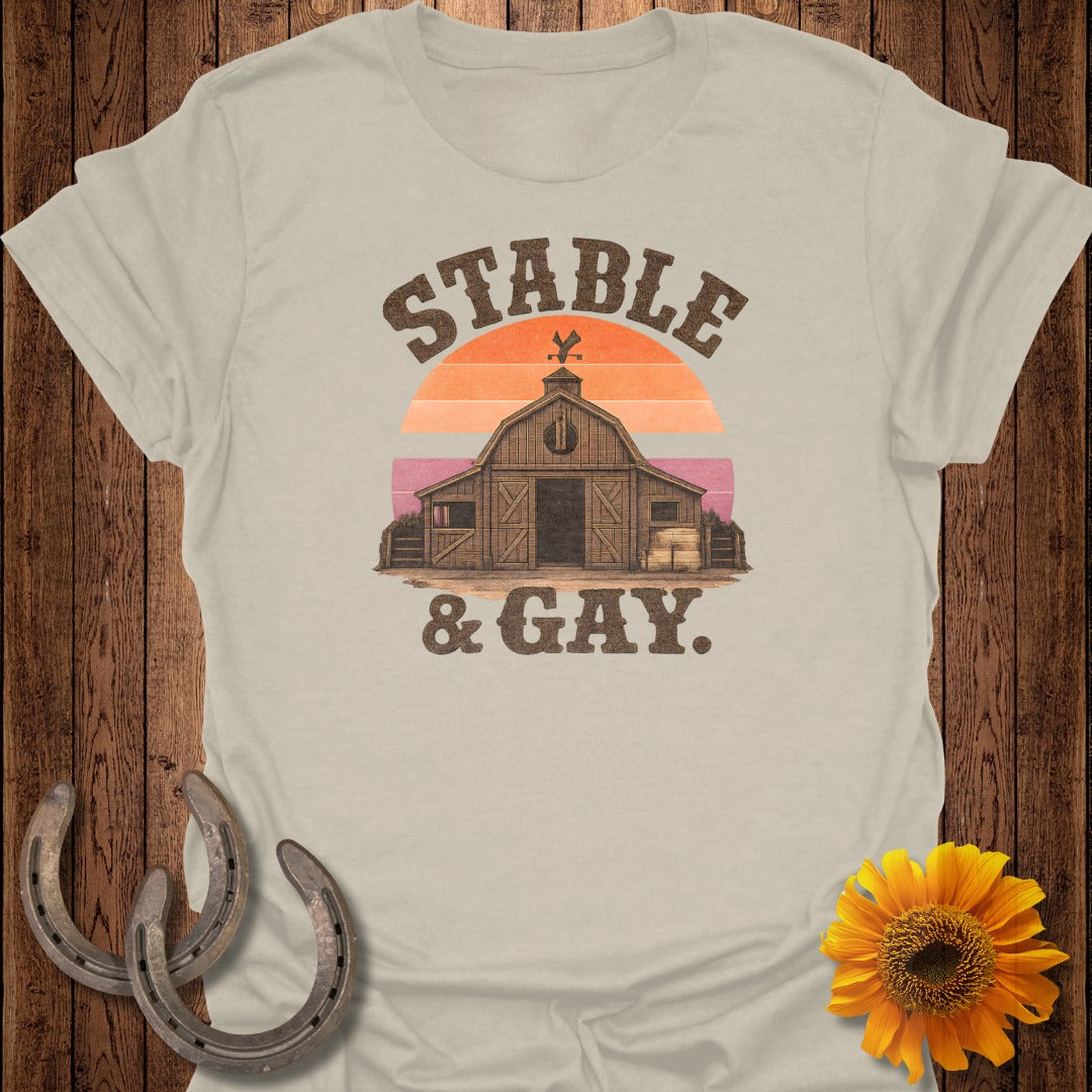 Stable & Gay text above a barn and sunset graphic.