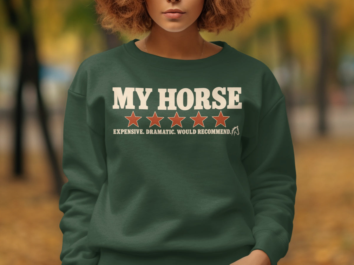 Green sweatshirt with "MY HORSE" and a four-star rating.
