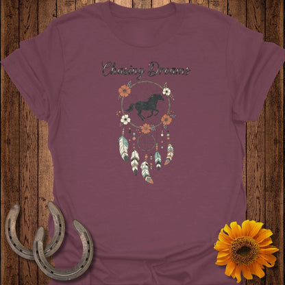 Burgundy t-shirt with "Chasing Dreams" text and a horse dreamcatcher design.