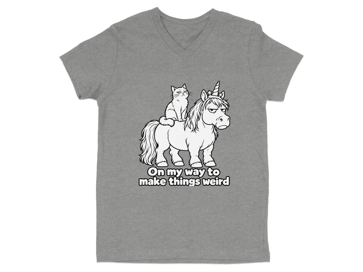 Cat riding a unicorn with text "On my way to make things weird."