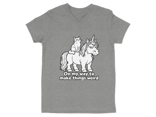 Cat riding a unicorn with text "On my way to make things weird."