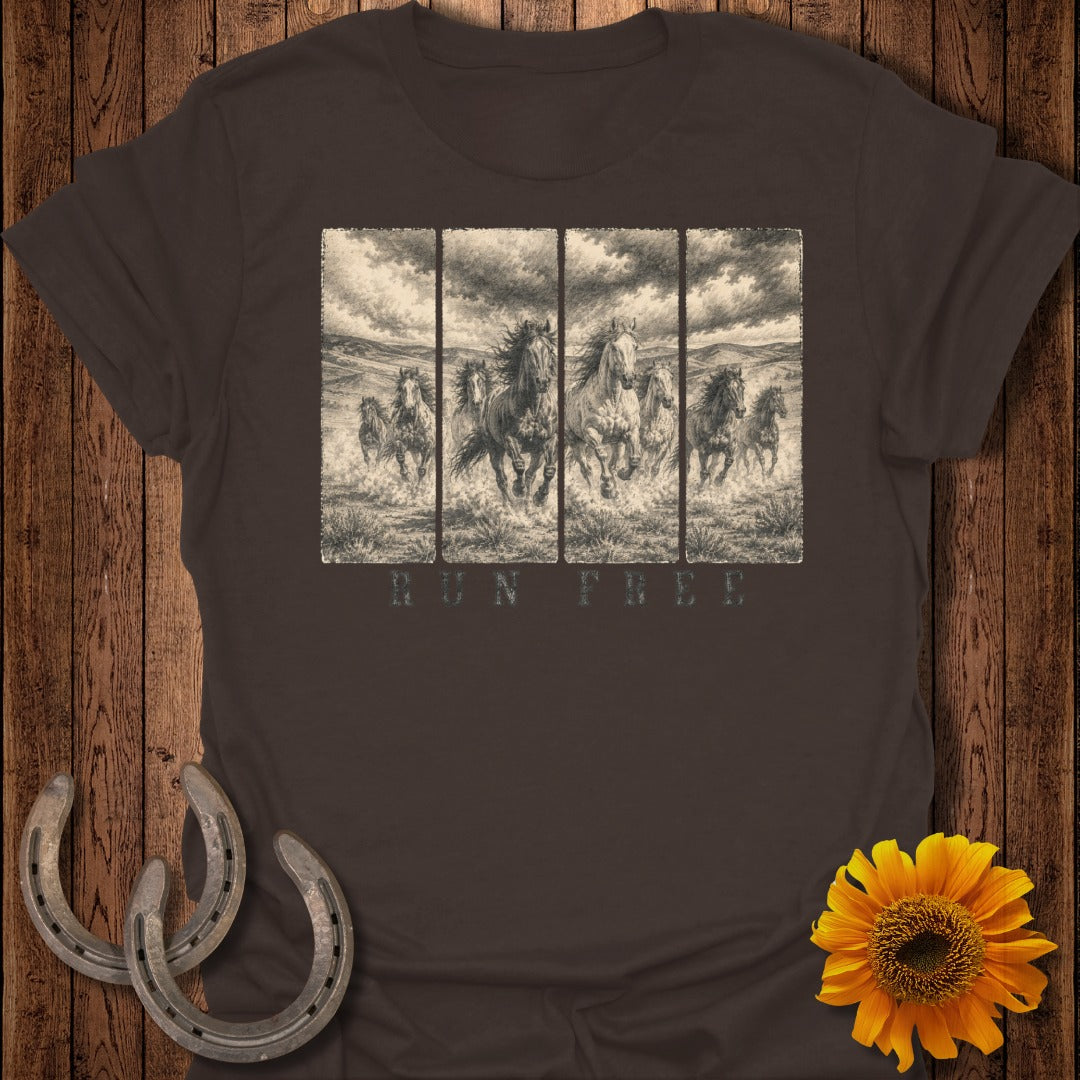 Brown t-shirt with sepia-toned horses running with text "RUN FREE".