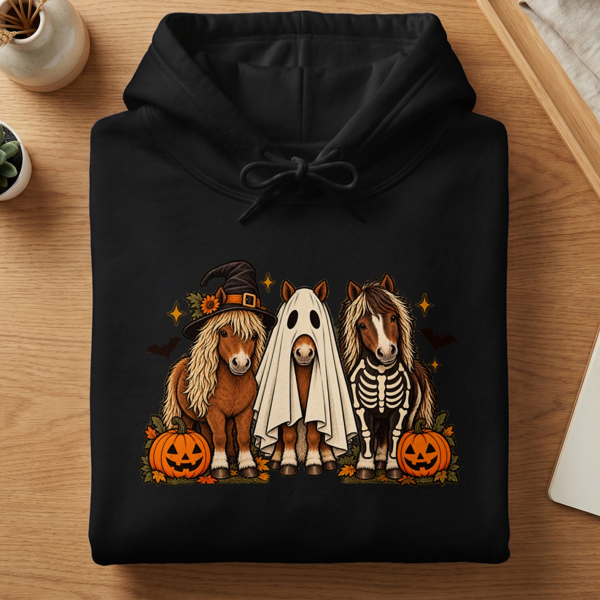 Three horses in Halloween costumes, one witch, one ghost, one skeleton, with pumpkins and bats.