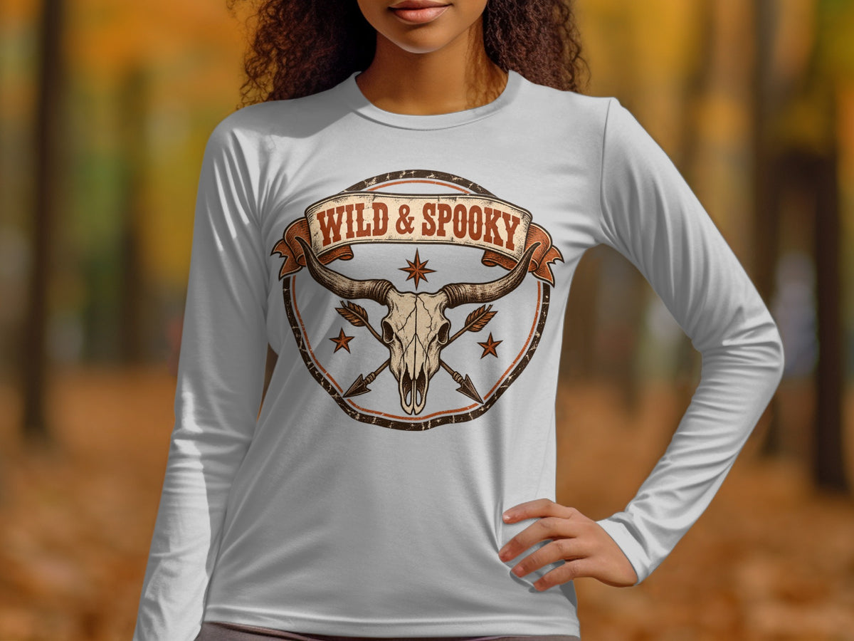 Long sleeve shirt featuring a "Wild & Spooky" graphic with a bull skull.