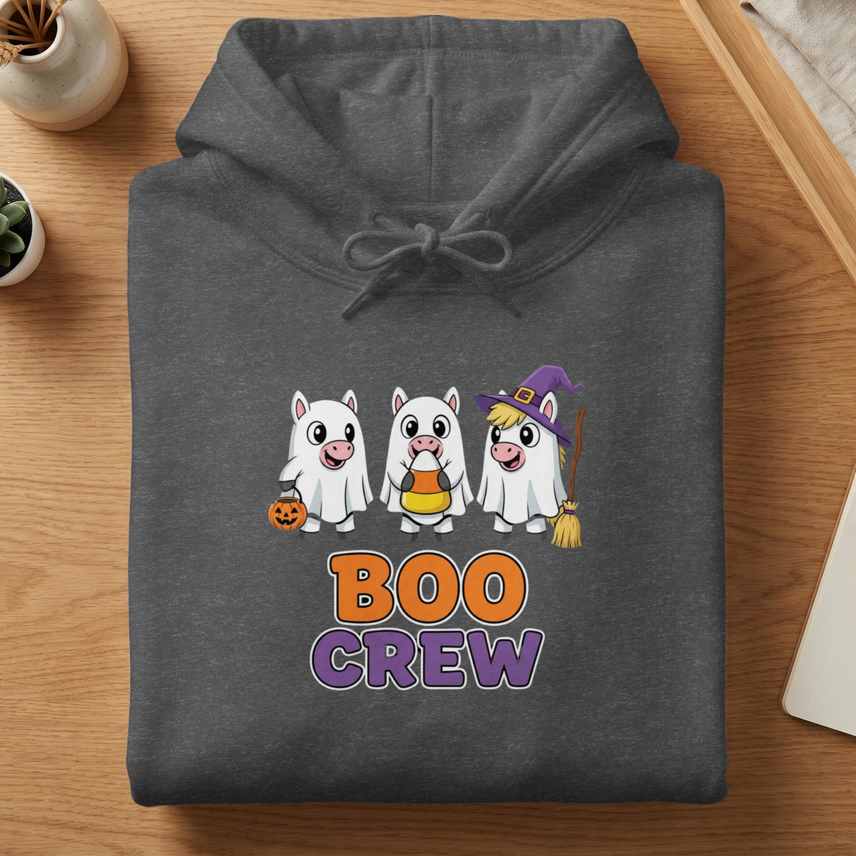 Dark grey hoodie with "Boo Crew" text and cartoon ghosts.