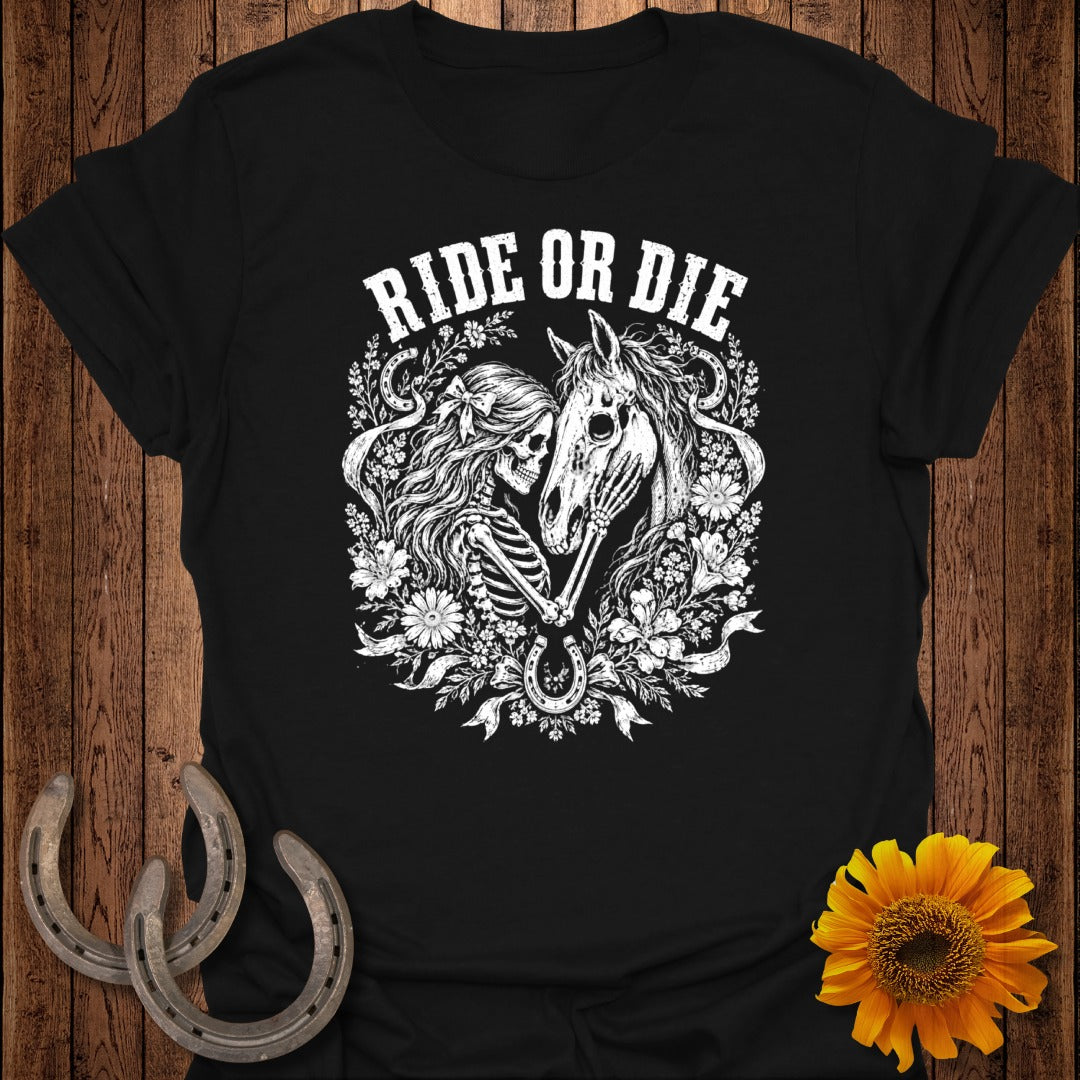 Skeleton couple with horse and floral design, "Ride or Die" text.
