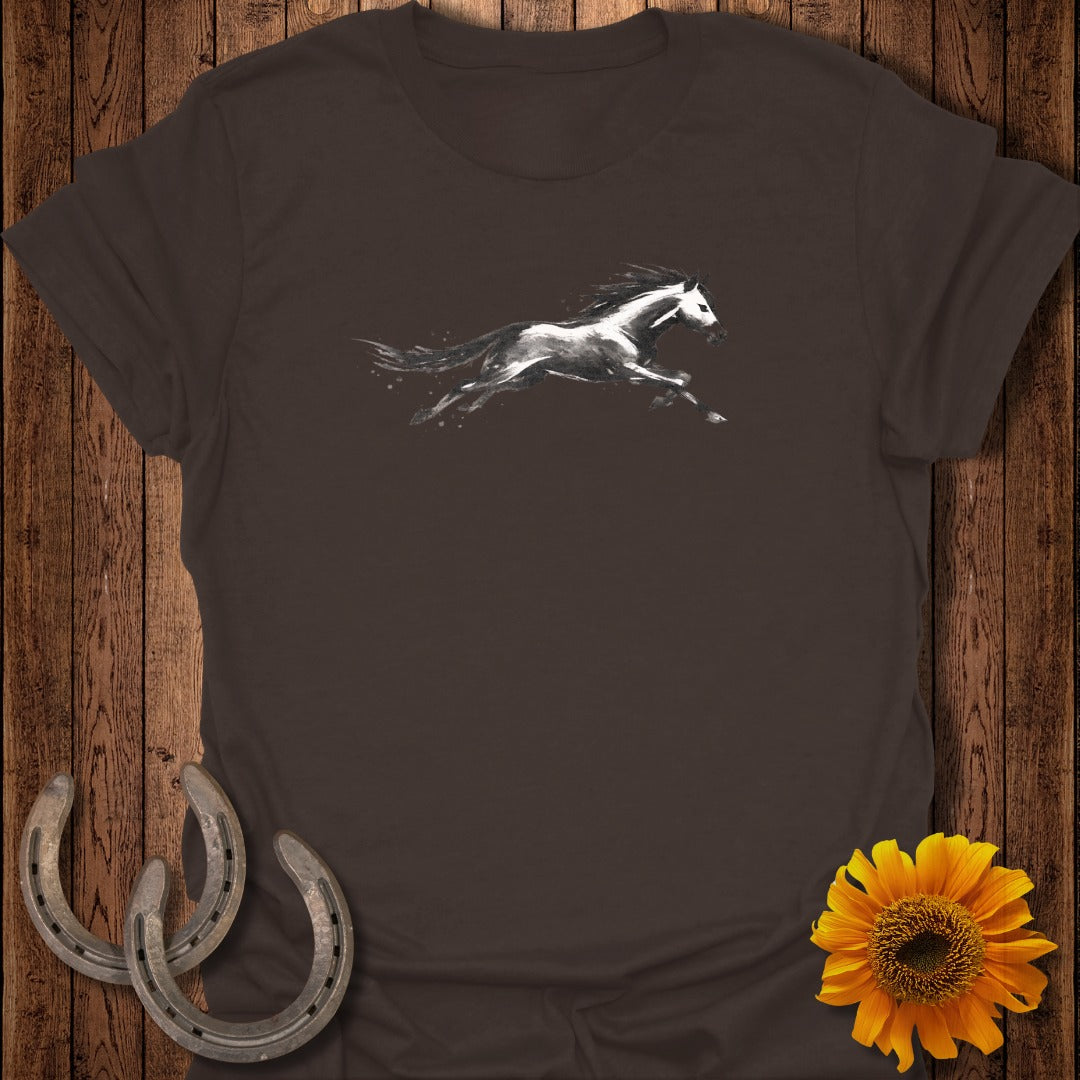 Brown t-shirt with black and white running horse graphic, two horseshoes, and sunflower.