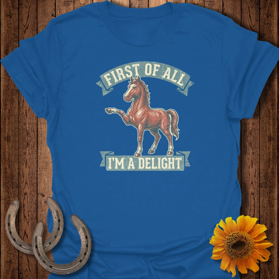 Blue t-shirt with horse graphic and text "First of All I'm a Delight".