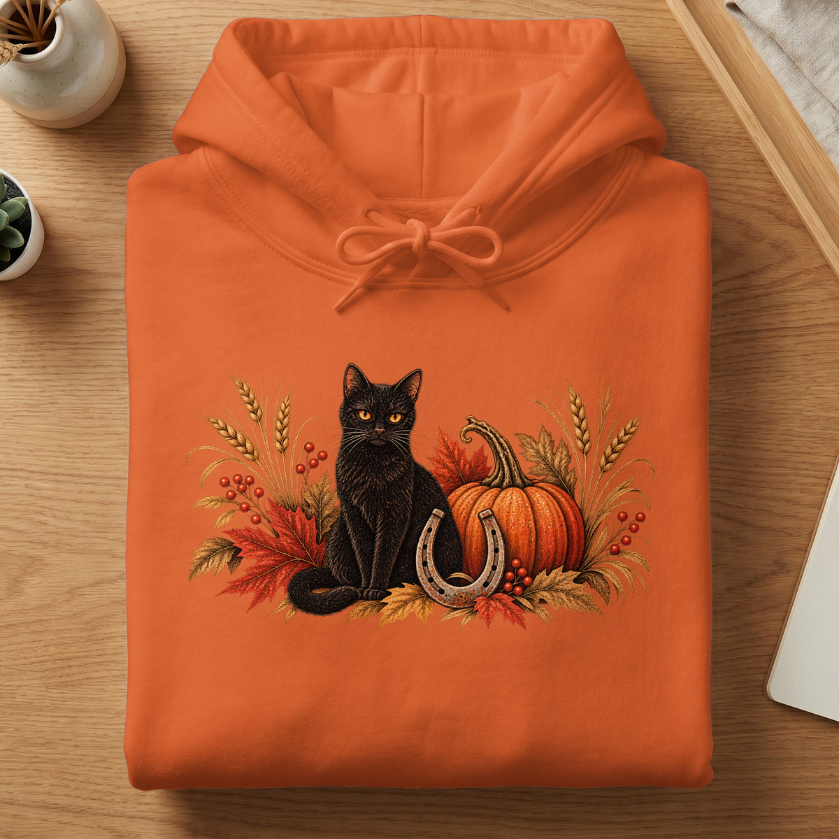 Orange hoodie with black cat, pumpkin, horseshoe, and autumn leaves graphic.
