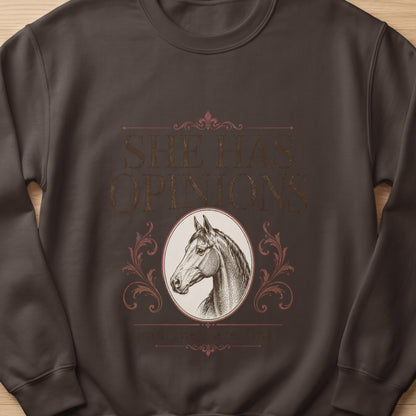 Brown sweatshirt with vintage horse head graphic and text "SHE HAS OPINIONS and they are final".