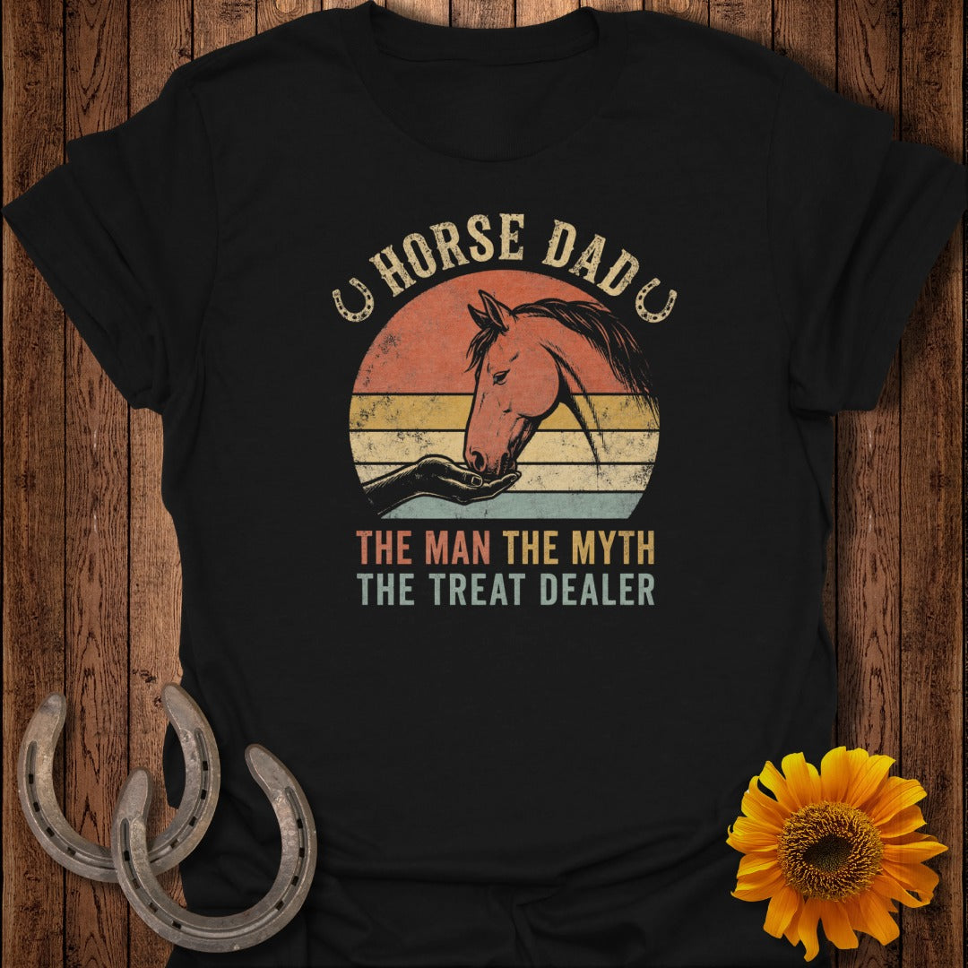 Horse Dad graphic on black t-shirt with a horse and "The Man The Myth The Treat Dealer" text.
