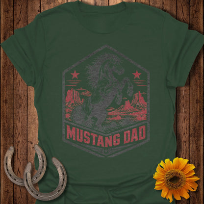 Mustang Dad graphic tee with a horse silhouette against a distressed background.