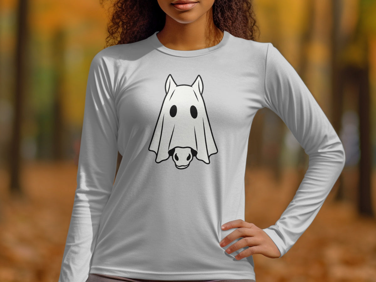 White long-sleeved shirt with a black and white ghost horse illustration on the chest.