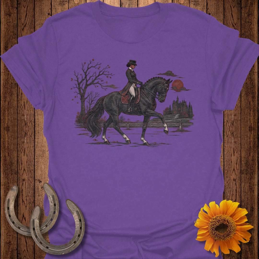 Illustration of a woman in a top hat riding a black horse, with a castle and trees in the background.