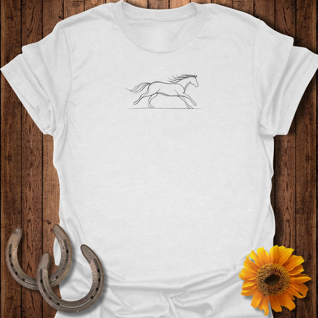 White t-shirt with black line drawing of a running horse across chest.