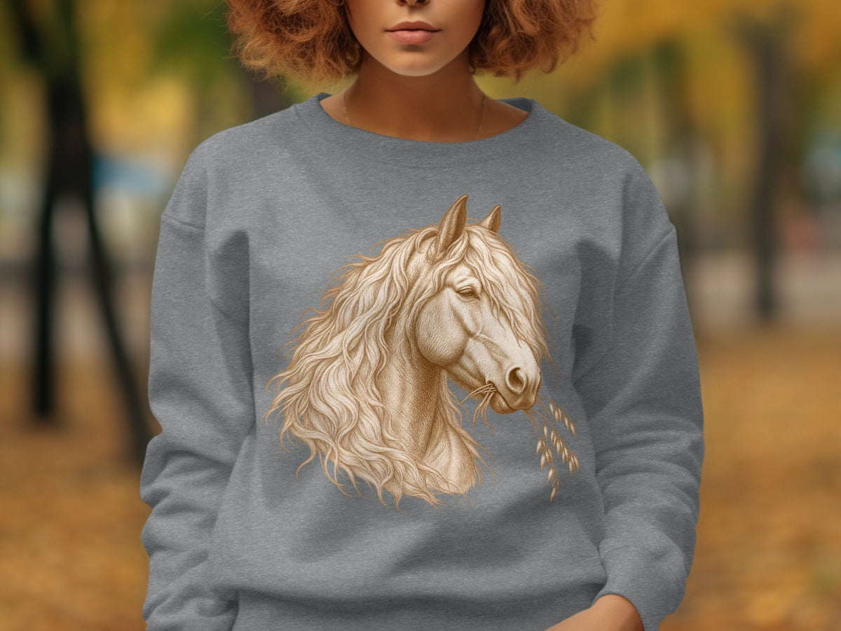 Grey sweatshirt with detailed illustration of a horse head and wheat stalks.