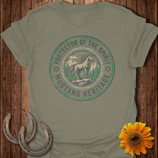 Green t-shirt with "Protector of the Spirit Mustang Heritage" text and horse graphic.