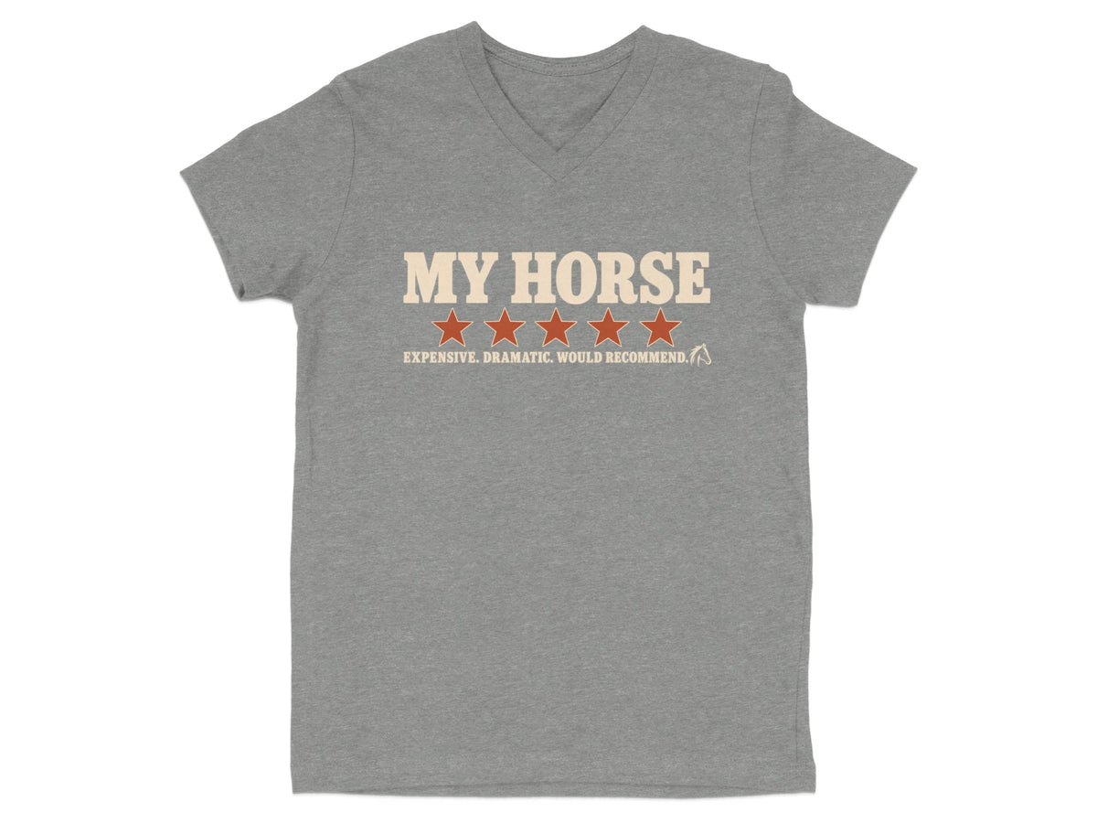 Grey v-neck t-shirt with text "MY HORSE" and four red stars.