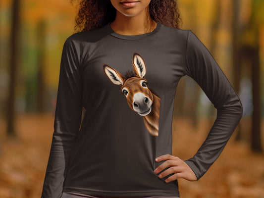 Long-sleeve t-shirt with a graphic of a curious donkey peeking from the side.