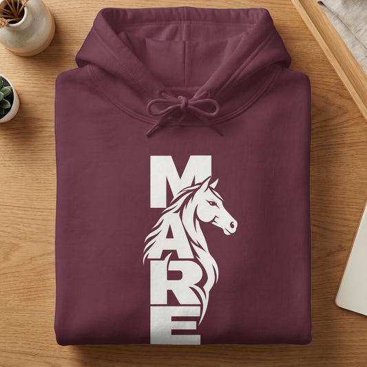 A folded maroon hooded sweatshirt with a white graphic spelling "MARE" featuring a horse's head.