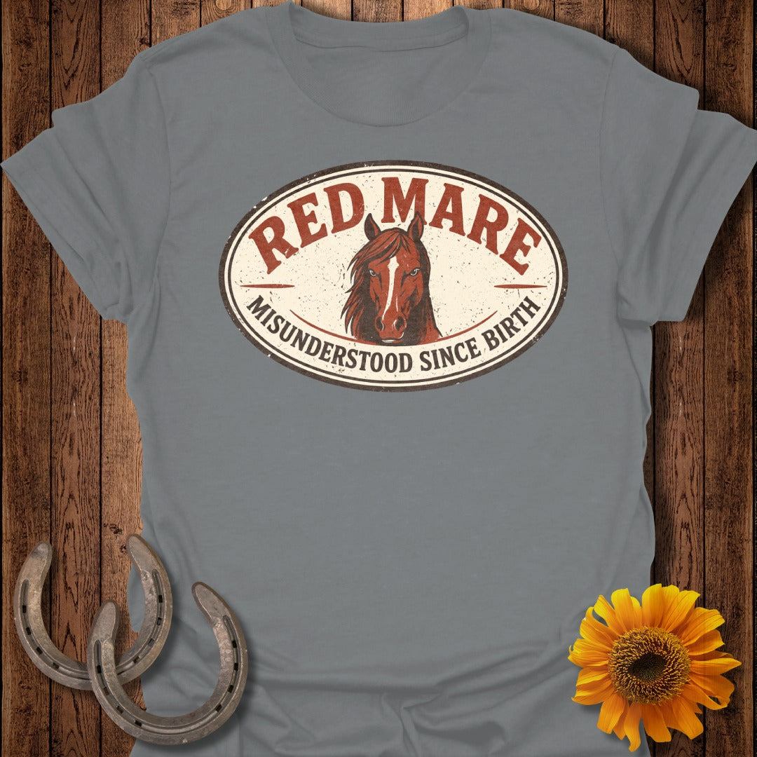 Grey t-shirt with oval logo featuring a horse head and text "RED MARE MISUNDERSTOOD SINCE BIRTH".