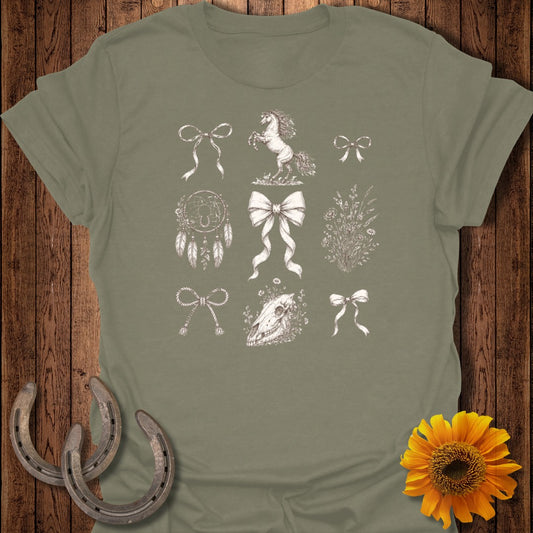 Horse and floral designs with bows and dreamcatcher on a green shirt.