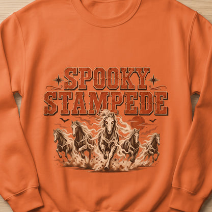 Orange sweatshirt with "SPOOKY STAMPEDE" text and running horses graphic.
