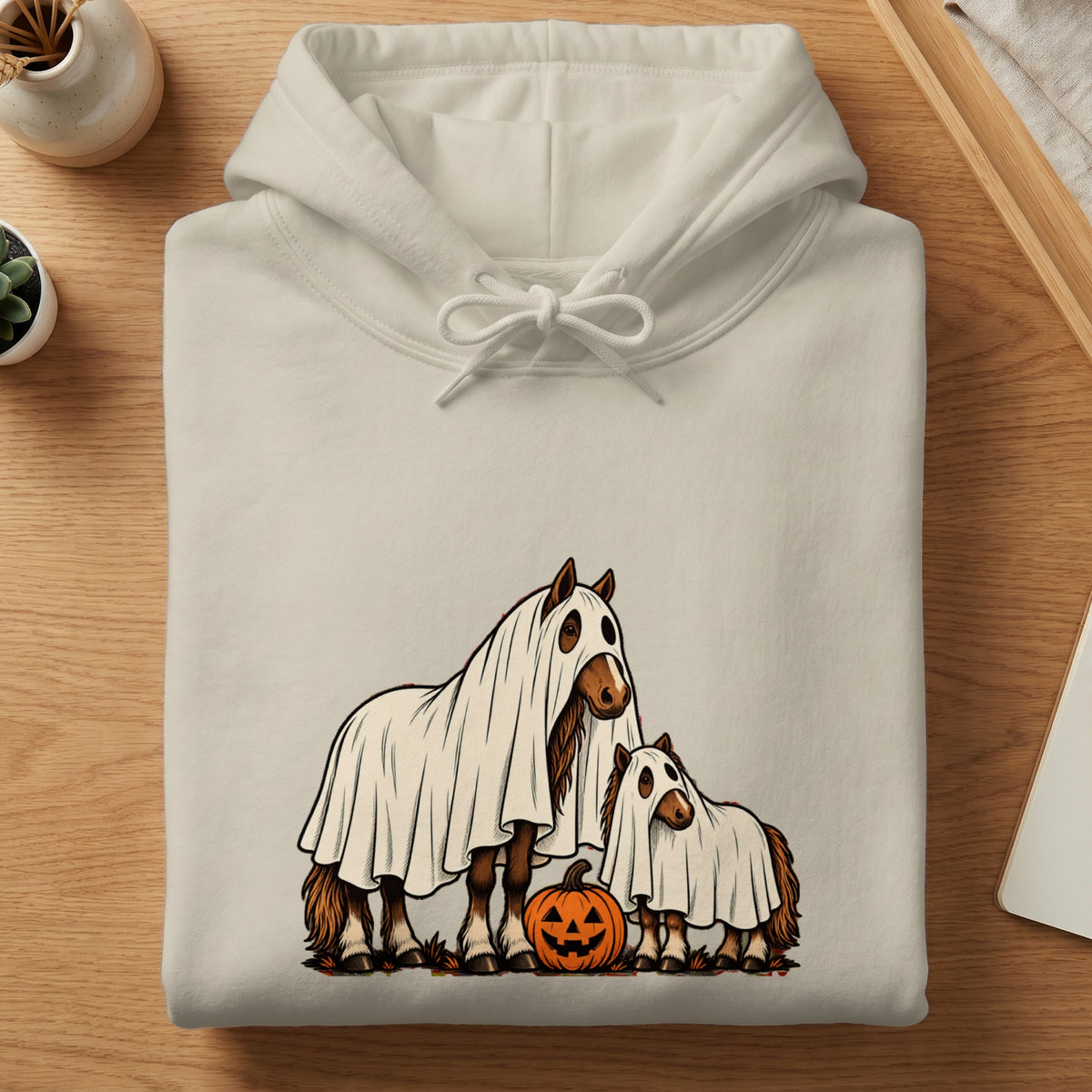 Cream hoodie with two horses in ghost costumes and a pumpkin.